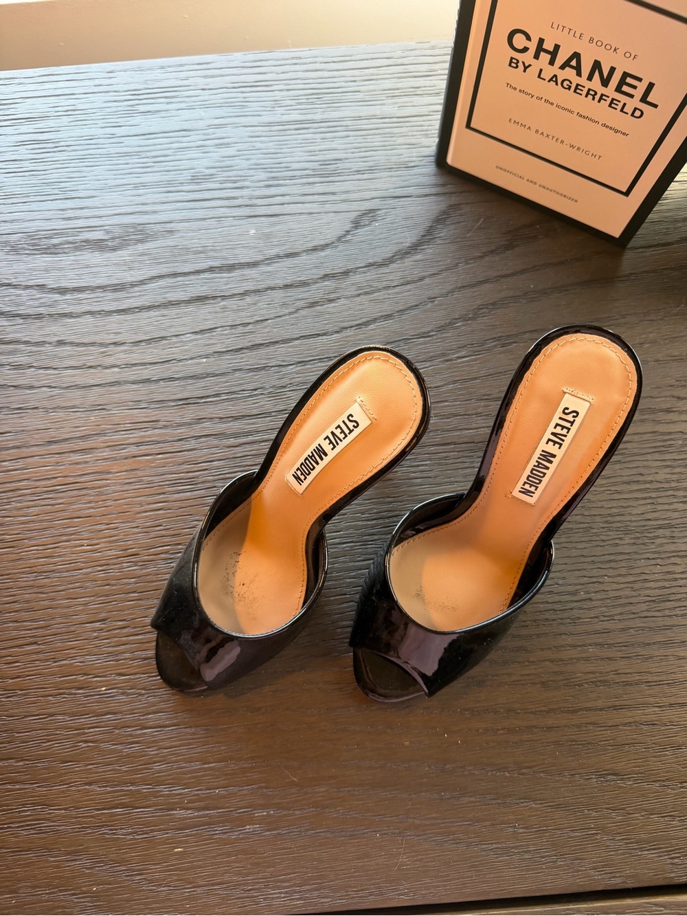 Steve Madden Black Patent Open-Toe Slip-On Mules